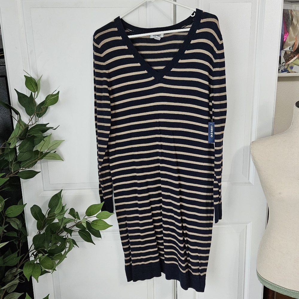Navy and Tan Striped Long Sleeve Sweater Dress